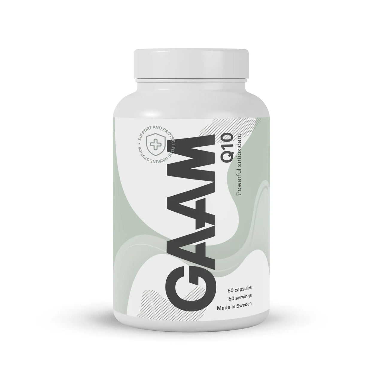 GAAM Q10 60 caps kosttilskudd i en hvit boks med grønn og hvit etikett.