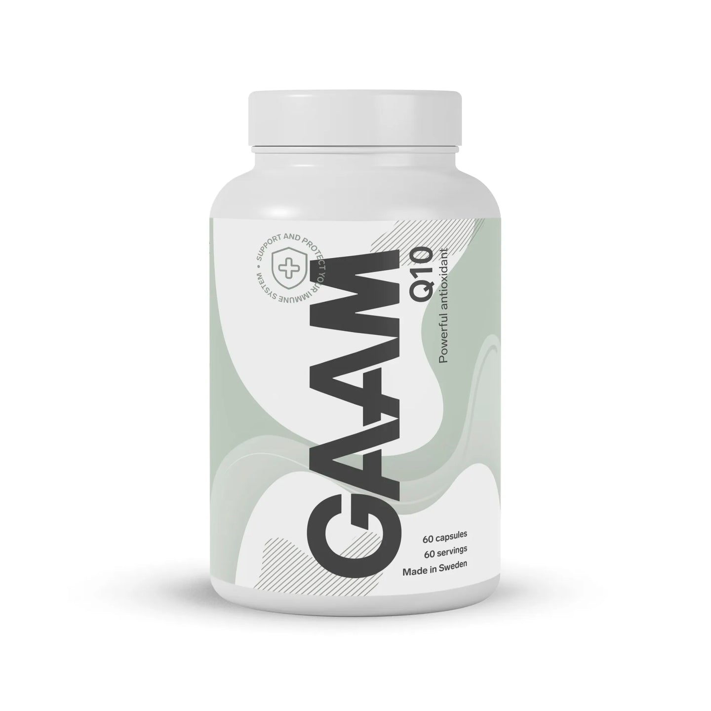 GAAM Q10 60 caps kosttilskudd i en hvit boks med grønn og hvit etikett.