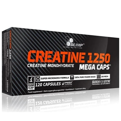 Olimp Creatine Mega caps 120 caps kreatinmonohydrat pakket i en svart eske med oransje og hvit tekst.