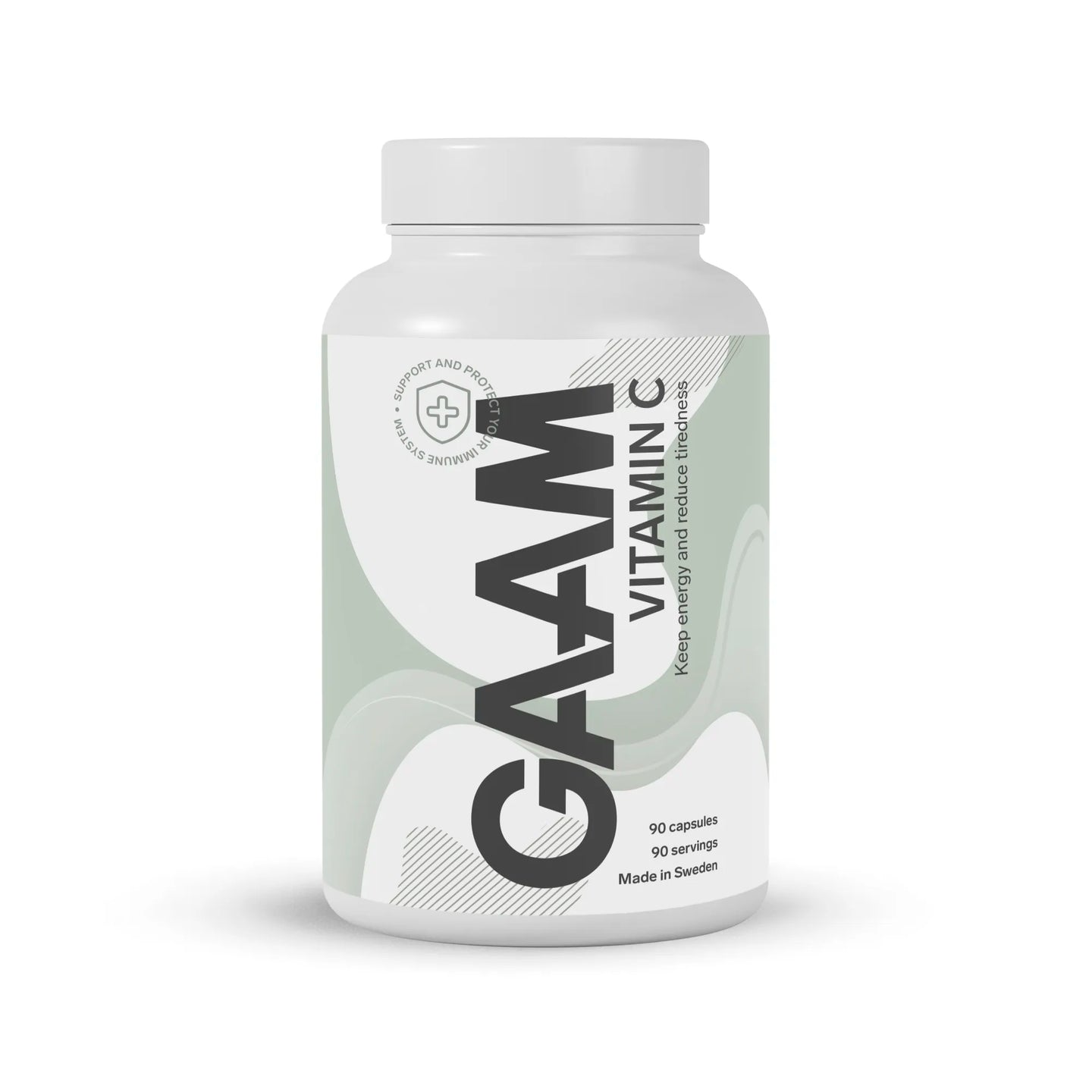 GAAM Vitamin C 90 caps kosttilskudd i en hvit boks med lysegrønne detaljer på etiketten.
