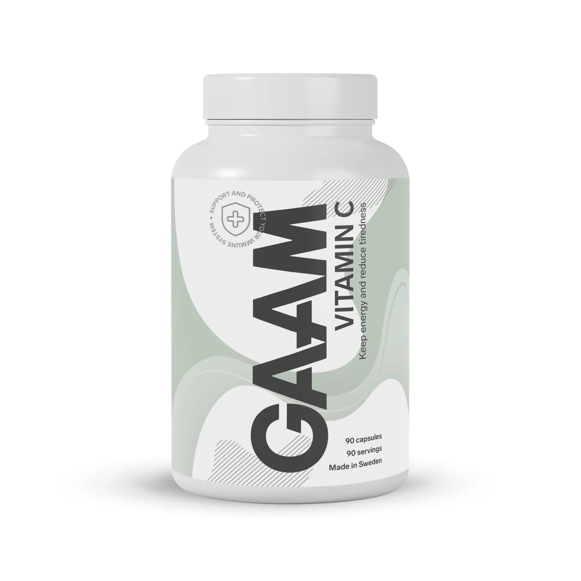 GAAM Vitamin C 90 caps kosttilskudd i en hvit boks med lysegrønne detaljer på etiketten.