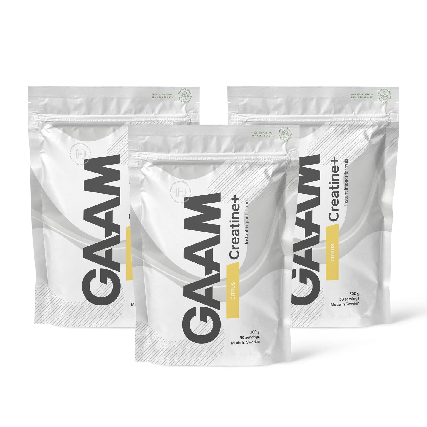 3 x GAAM Creatine+ 300 g i tre hvite poser med grå og gule detaljer for smaken Citrus.