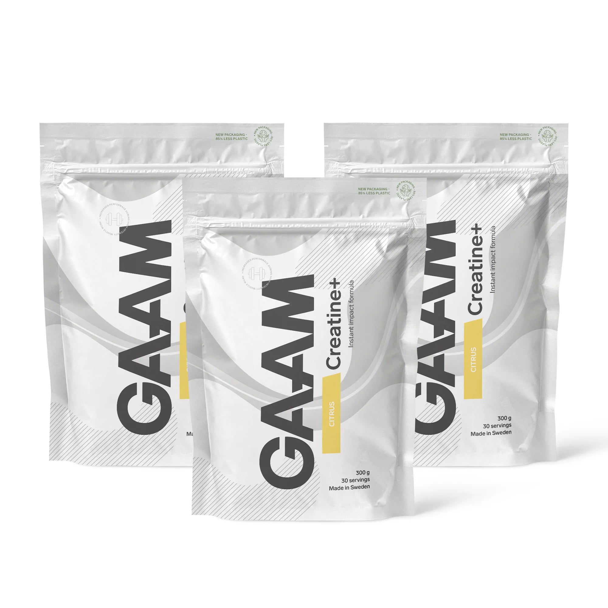 3 x GAAM Creatine+ 300 g i tre hvite poser med grå og gule detaljer for smaken Citrus.