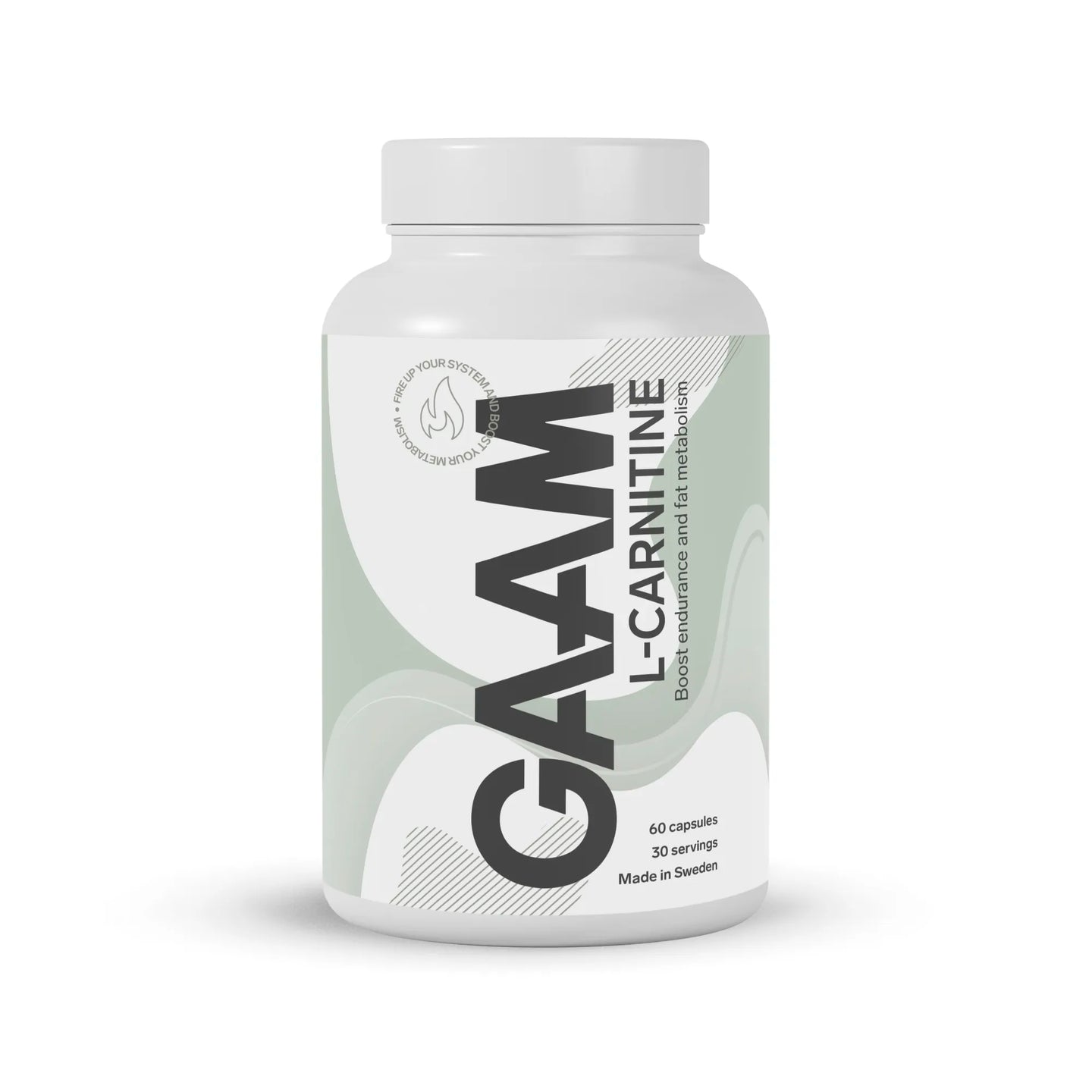 GAAM L-Carnitine 60 caps kosttilskudd i en hvit boks med grågrønne detaljer og mørk tekst.