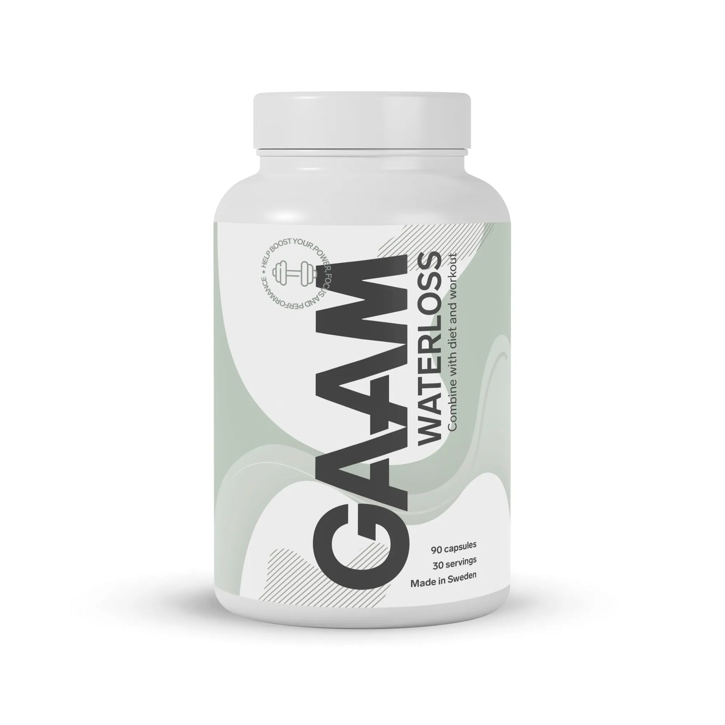 GAAM Waterloss 90 caps kosttilskudd i en hvit boks med grågrønne bølgete detaljer og svart tekst.