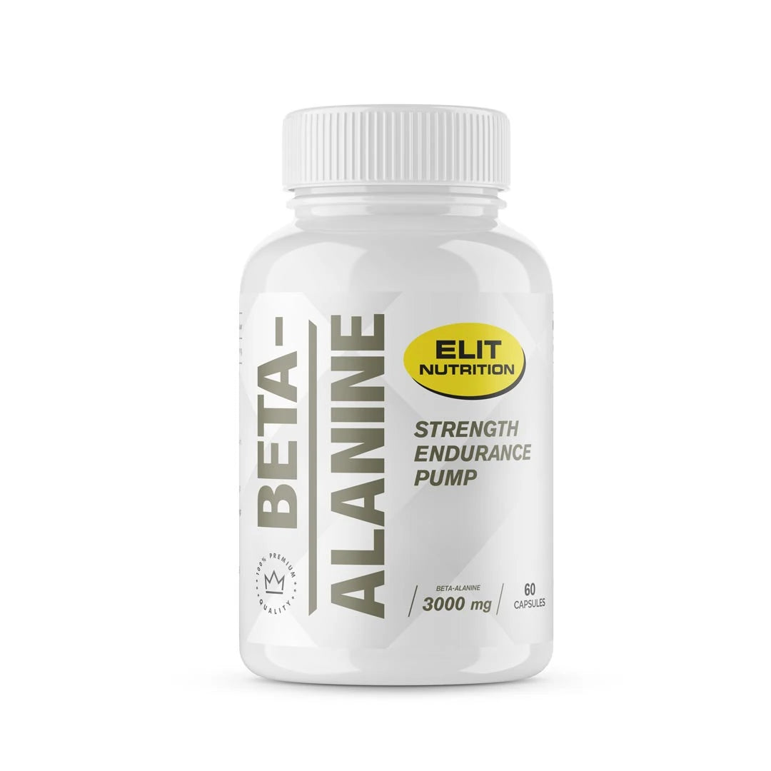 Elit Nutrition Beta-Alanine 60 caps i en hvit boks med grå tekst og gul logo.