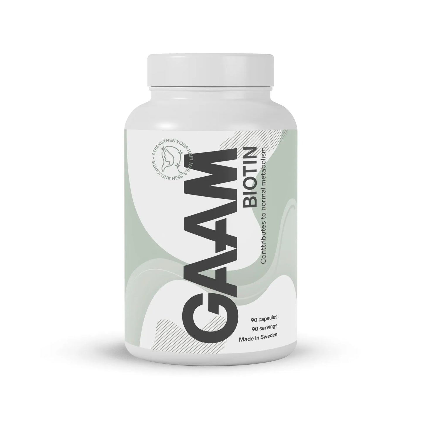 GAAM Biotin 90 caps i en hvit plastboks med lysegrønne og hvite grafiske detaljer.