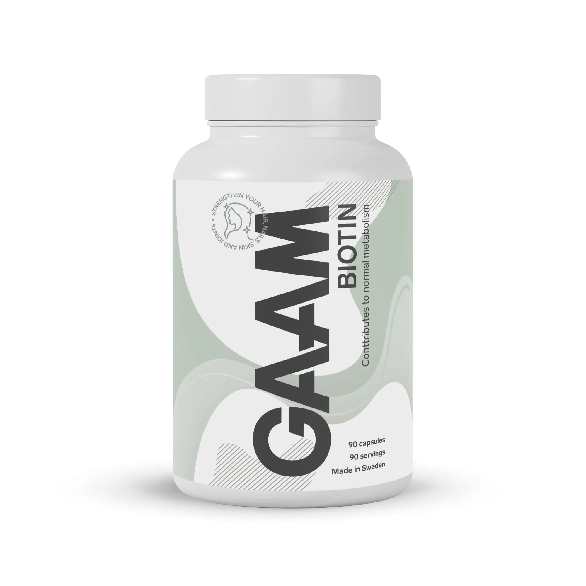 GAAM Biotin 90 caps i en hvit plastboks med lysegrønne og hvite grafiske detaljer.