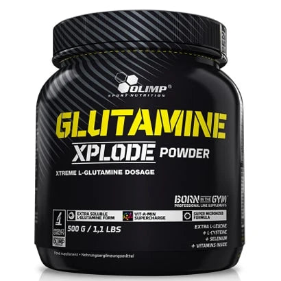 Olimp Glutamine Xplode 500 g aminosyrepulver, svart boks med gule og hvite detaljer.