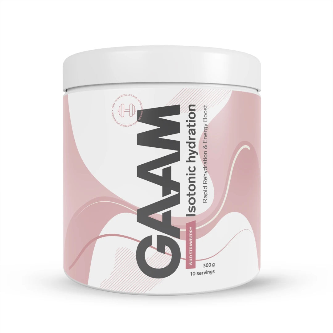 GAAM Isotonic Hydration 300 g isotonisk drikk i en hvit boks med rosa og hvite detaljer for smaken Wild Strawberry.