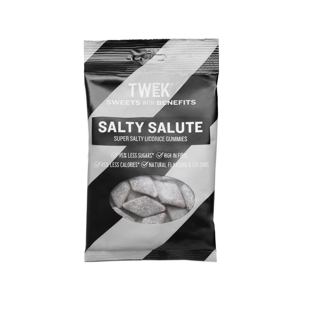 Tweek Sweets 80 g godteri i en svart- og hvitstripet pose for smaken Salty Salute., bilde 7 av 7