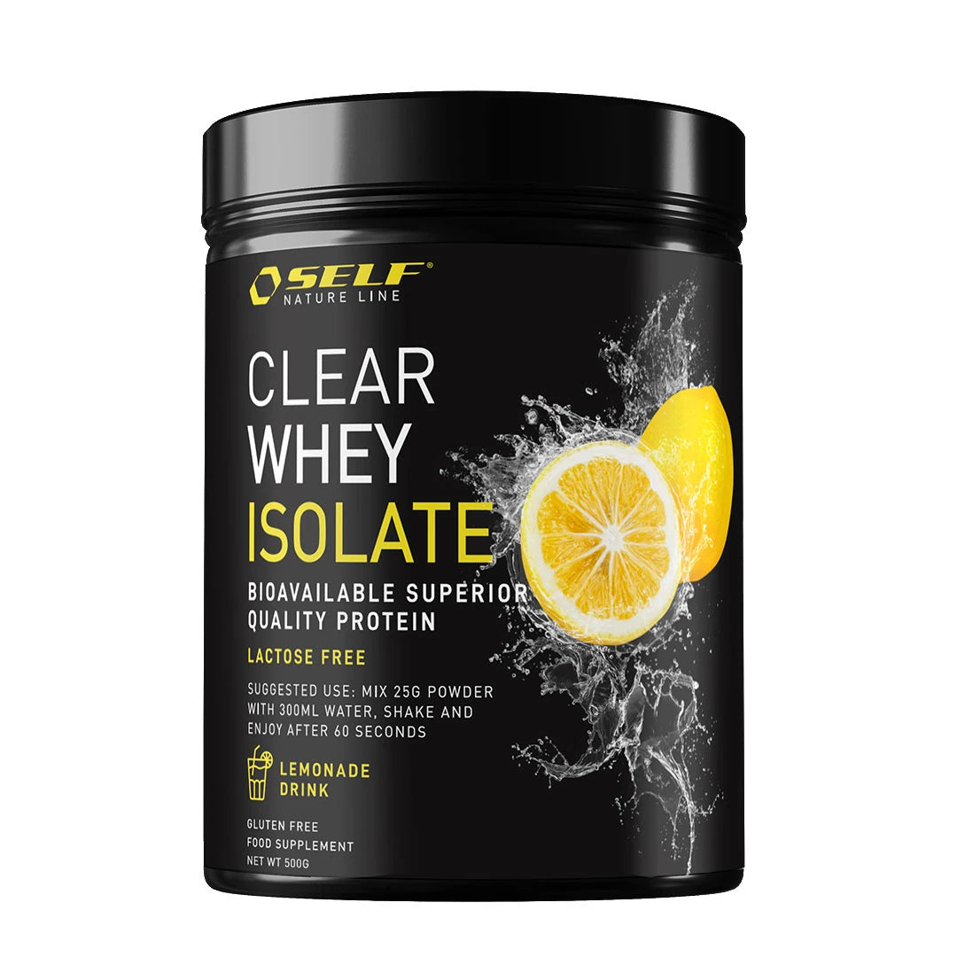 Self Omninutrition Clear Whey Isolate 500 g proteinpulver i en svart boks med sitronmotiv og smaken Lemonade Drink.
