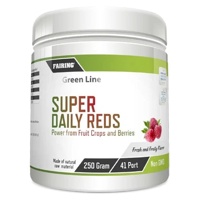 Fairing Daily Reds 250 g kosttilskott i en hvit boks med grønne detaljer og illustrasjon av bringebær.