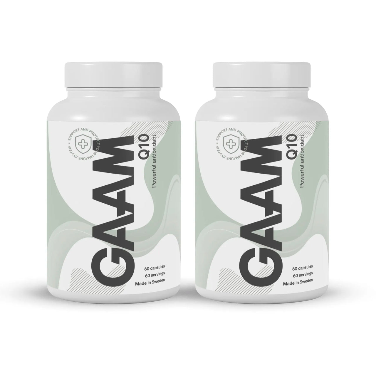2 x GAAM Q10 120 caps kosttilskudd i hvite bokser med lysegrønne og svarte detaljer.