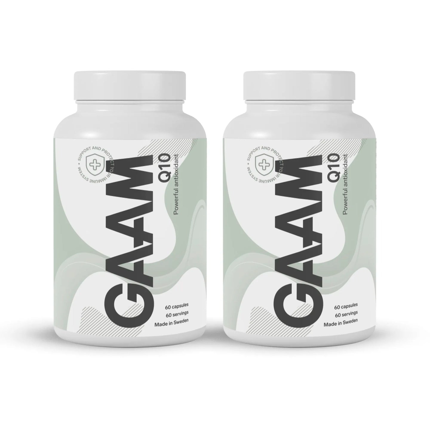 2 x GAAM Q10 120 caps kosttilskudd i hvite bokser med lysegrønne og svarte detaljer.