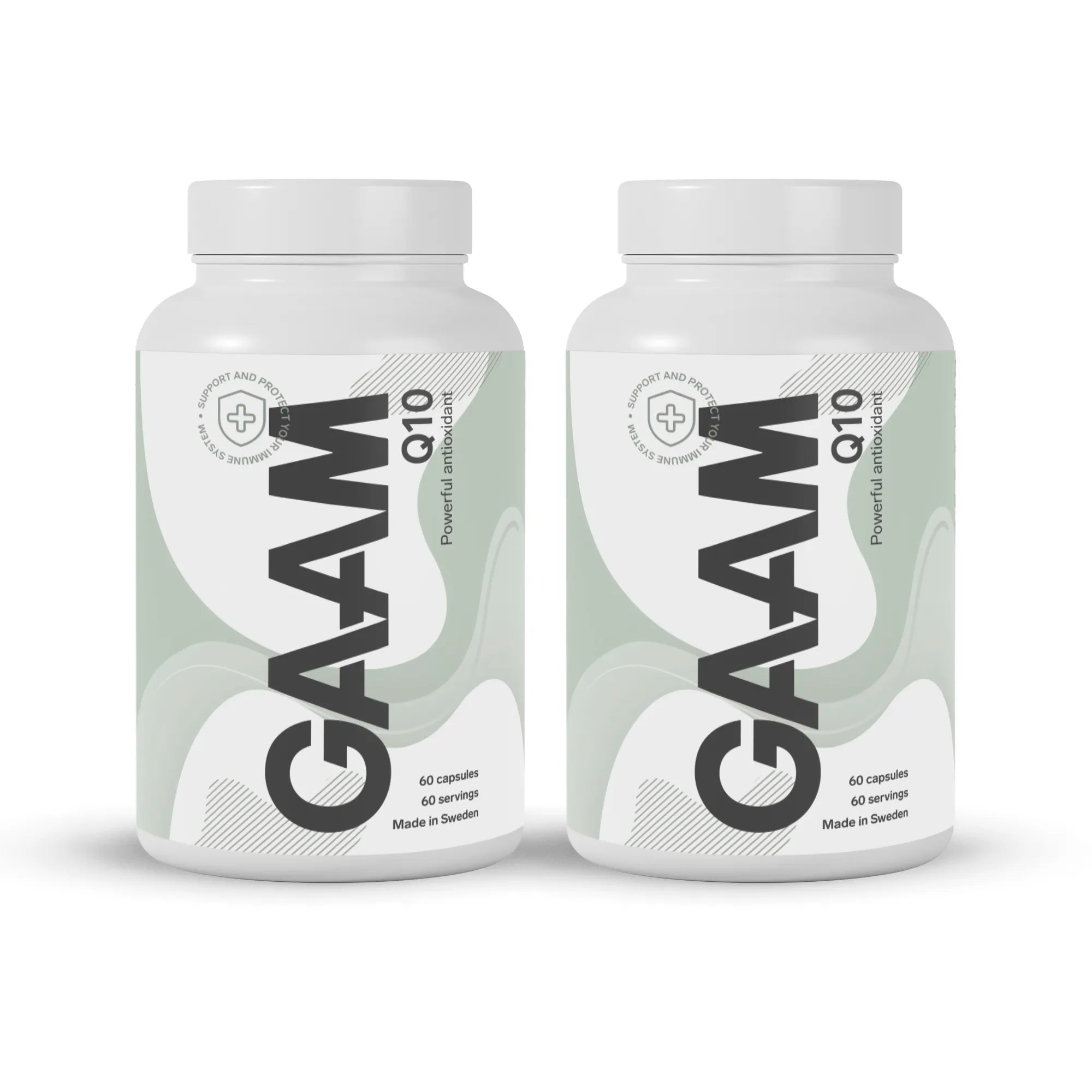 2 x GAAM Q10 120 caps kosttilskudd i hvite bokser med lysegrønne og svarte detaljer.