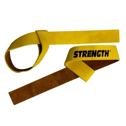 Gule Strength Dragremmar Läder med løpende løkke og svart logo.