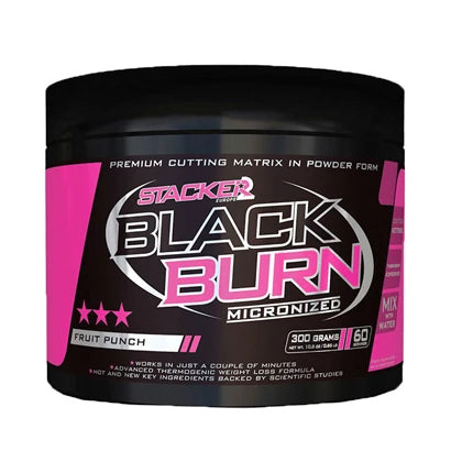 Black Burn Micronized 300 g fettforbrenner i pulverform, svart boks med rosa detaljer for smaken Fruit Punch.