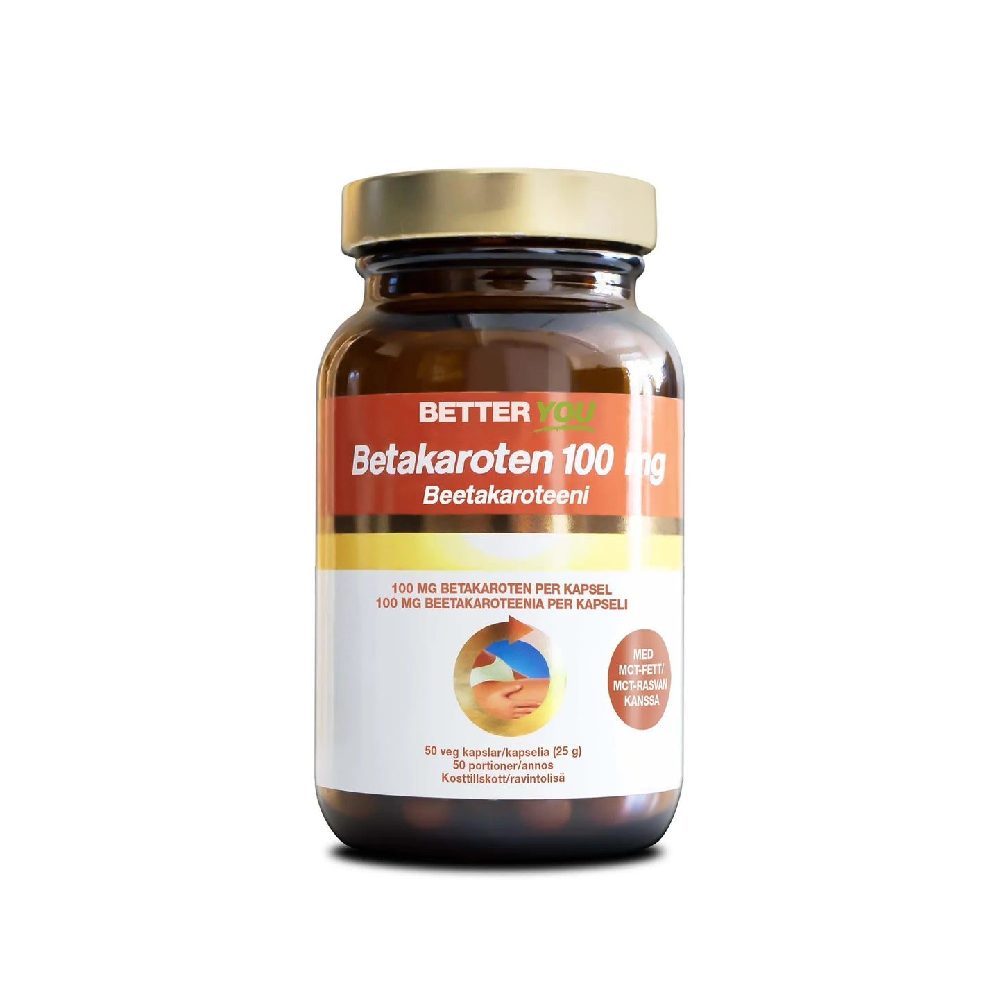 Better You Betakaroten 100 mg 50 caps, kosttilskudd i en mørkebrun boks med gullokk og hvit-oransje etikett.