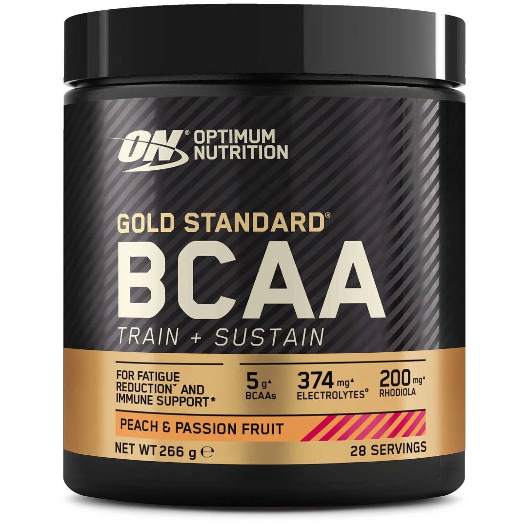Optimum Nutrition Gold Standard BCAA 266 g aminosyrer i en svart boks med gulldetaljer for smaken Peach Passionfruit., bilde 1 av 2