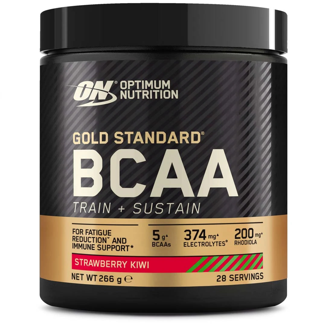 Optimum Nutrition Gold Standard BCAA 266 g i en svart boks med gulldetaljer for smaken Strawberry Kiwi., bilde 2 av 2
