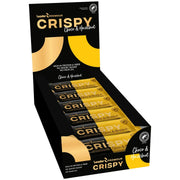 18 x Leader Promour Crispy 45 g Chocolate & Hazelnut i en svart och gul displaylåda med matchande proteinbars.
