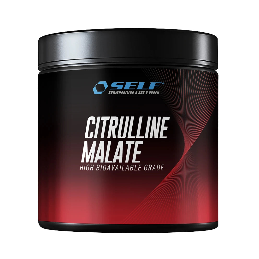 Self Omninutrition Citrulline Malate 200 g i en svart boks med røde detaljer, aminosyretilskudd for prestasjonsøkning.