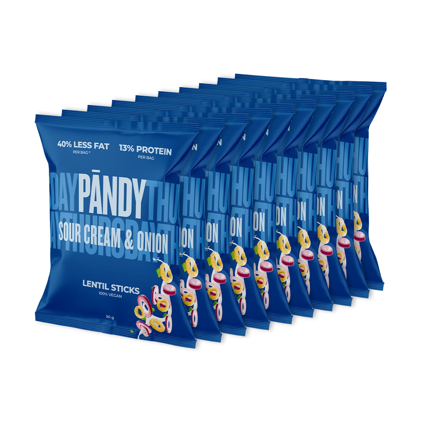 10 x Pändy Lentil Snacks 50 g i lysegrønne poser med smaken Spring Onion oppstilt i en pyramide., bilde 1 av 1
