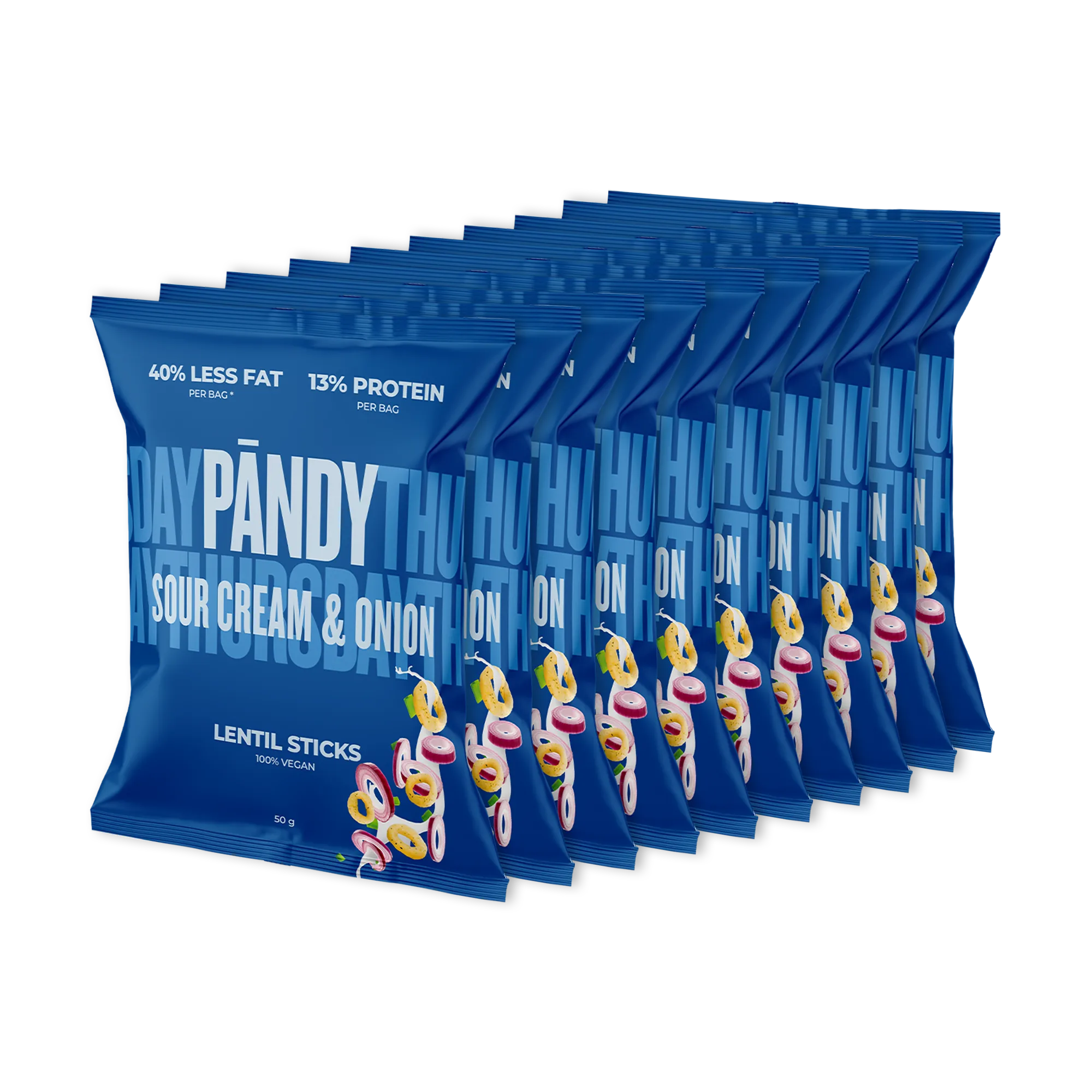 10 x Pändy Lentil Snacks 50 g i lysegrønne poser med smaken Spring Onion oppstilt i en pyramide., bilde 1 av 1
