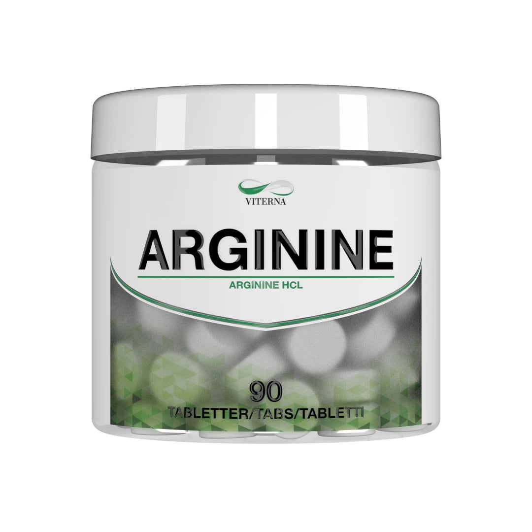 Viterna Arginine 90 tabs aminosyre i tablettform, pakket i en hvit boks med grønne og svarte detaljer.