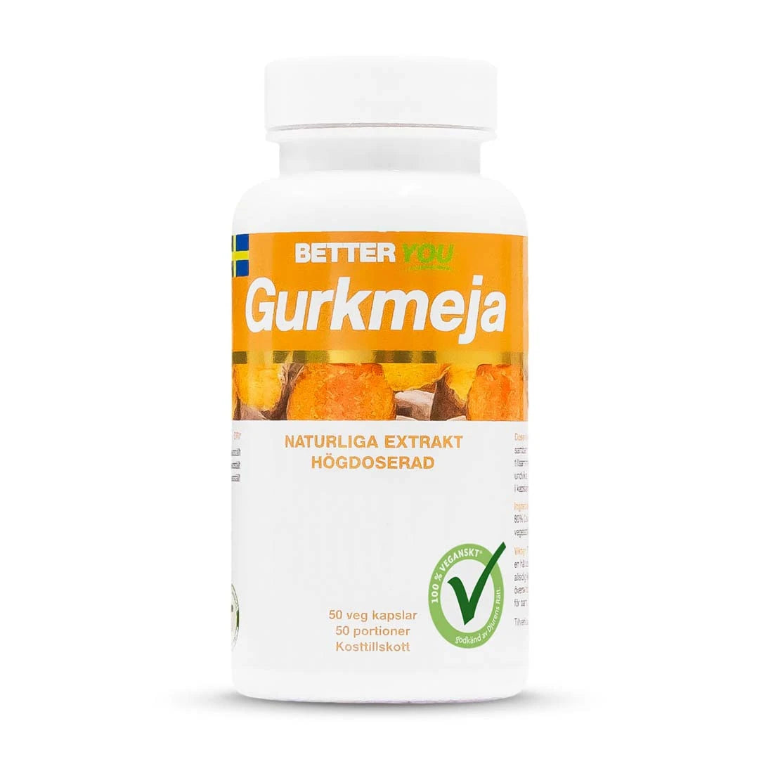 Better You Gurkmeja 50 caps kosttilskudd i en hvit boks med oransje etikett og vegansk merking.