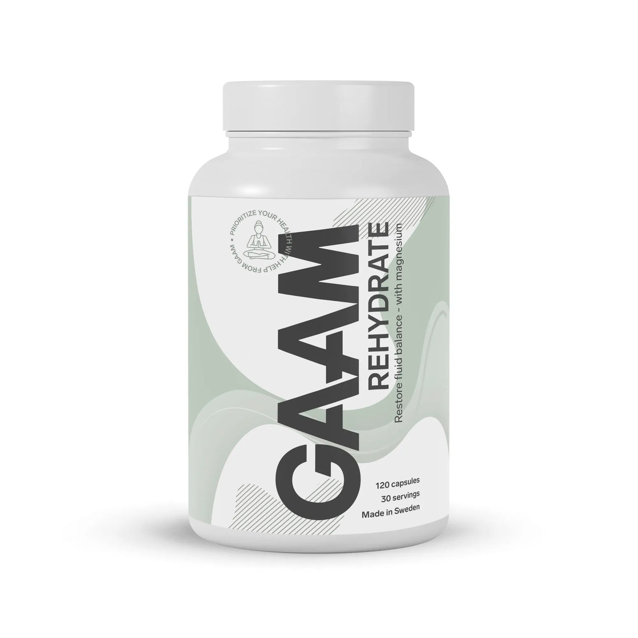 GAAM Rehydrate 120 caps væskeerstatning i en hvit boks med grågrønne grafiske detaljer.