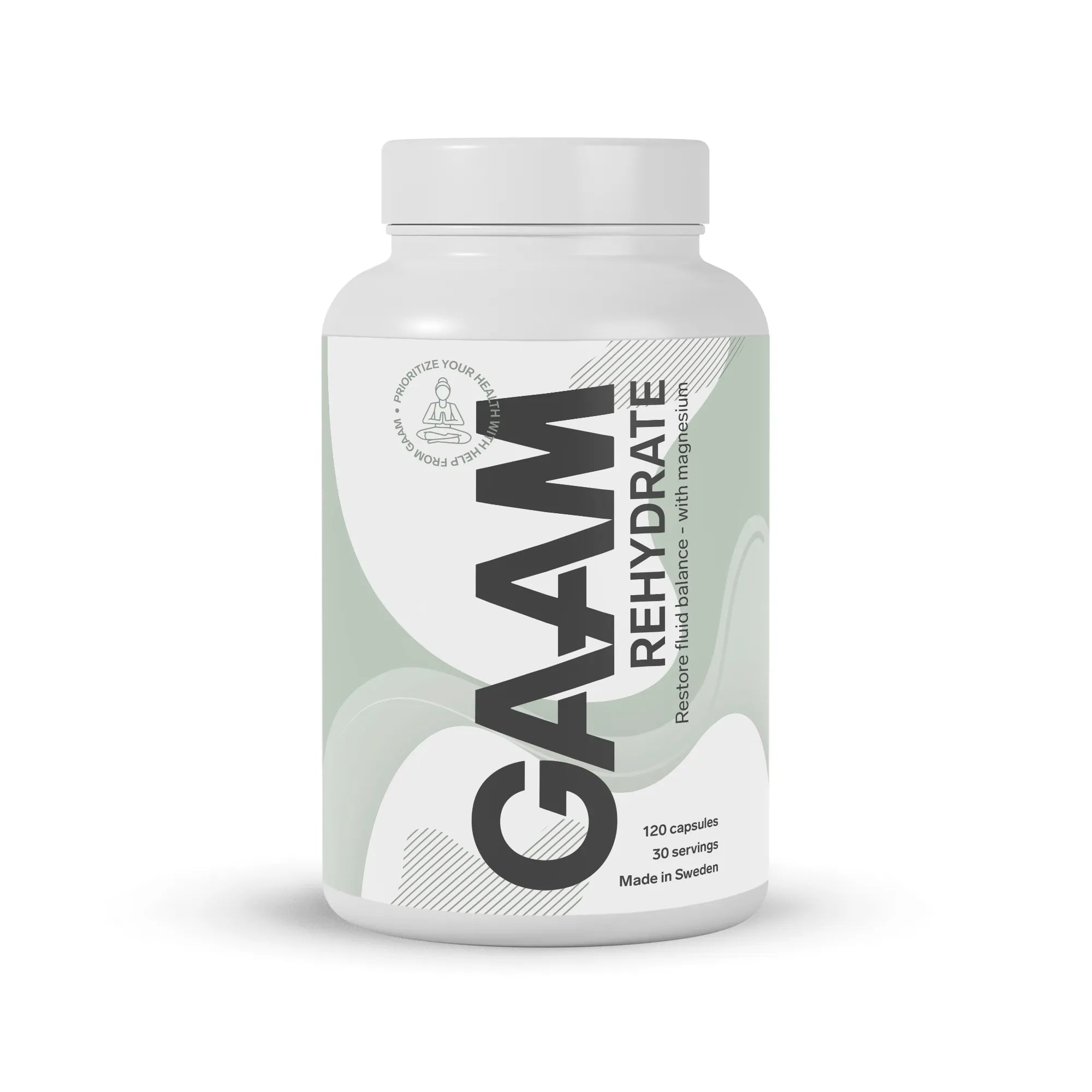 GAAM Rehydrate 120 caps væskeerstatning i en hvit boks med grågrønne grafiske detaljer.