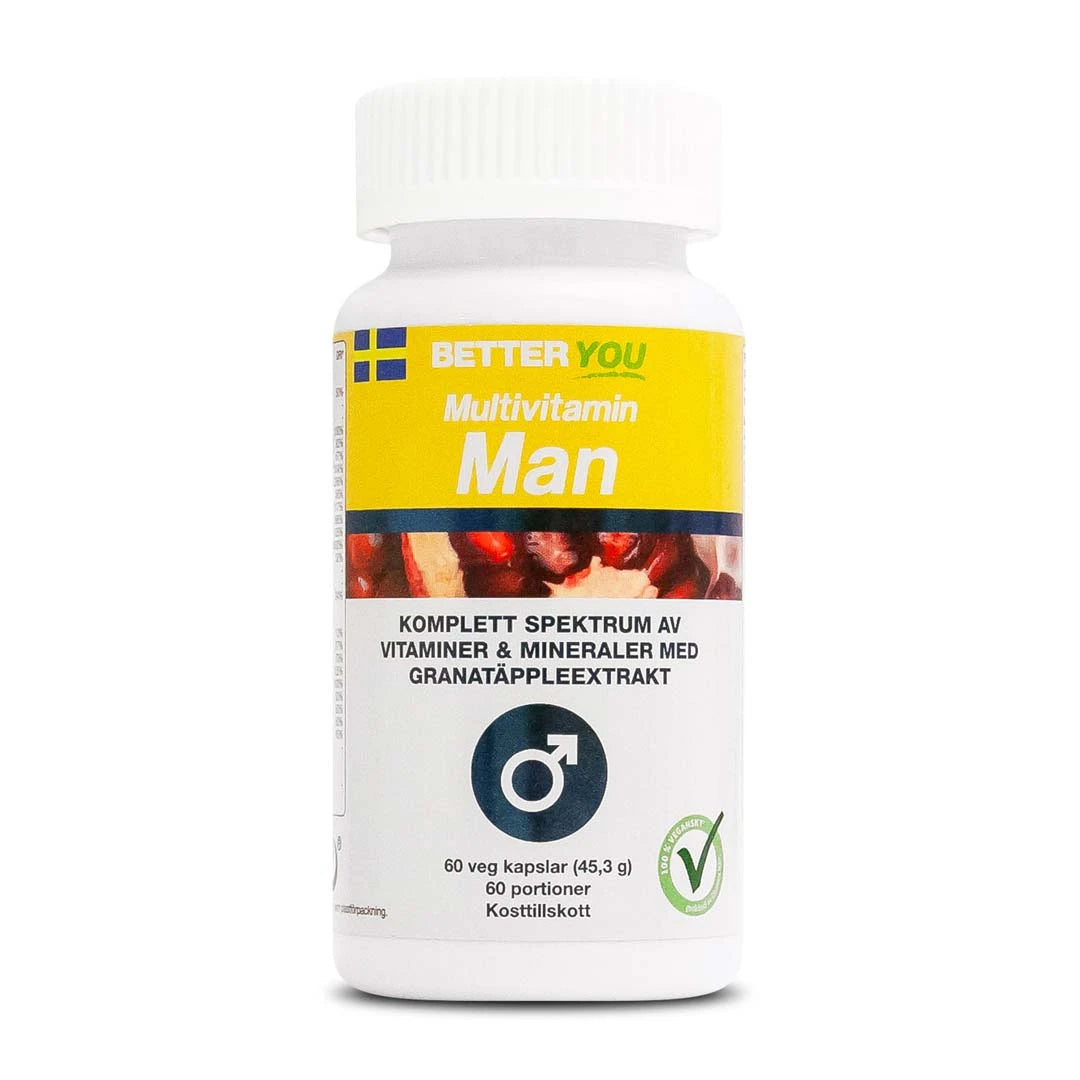 Better You Multivitamin Man 60 caps, vegansk multivitamin i en hvit boks med gul etikett og granateplemotiv.