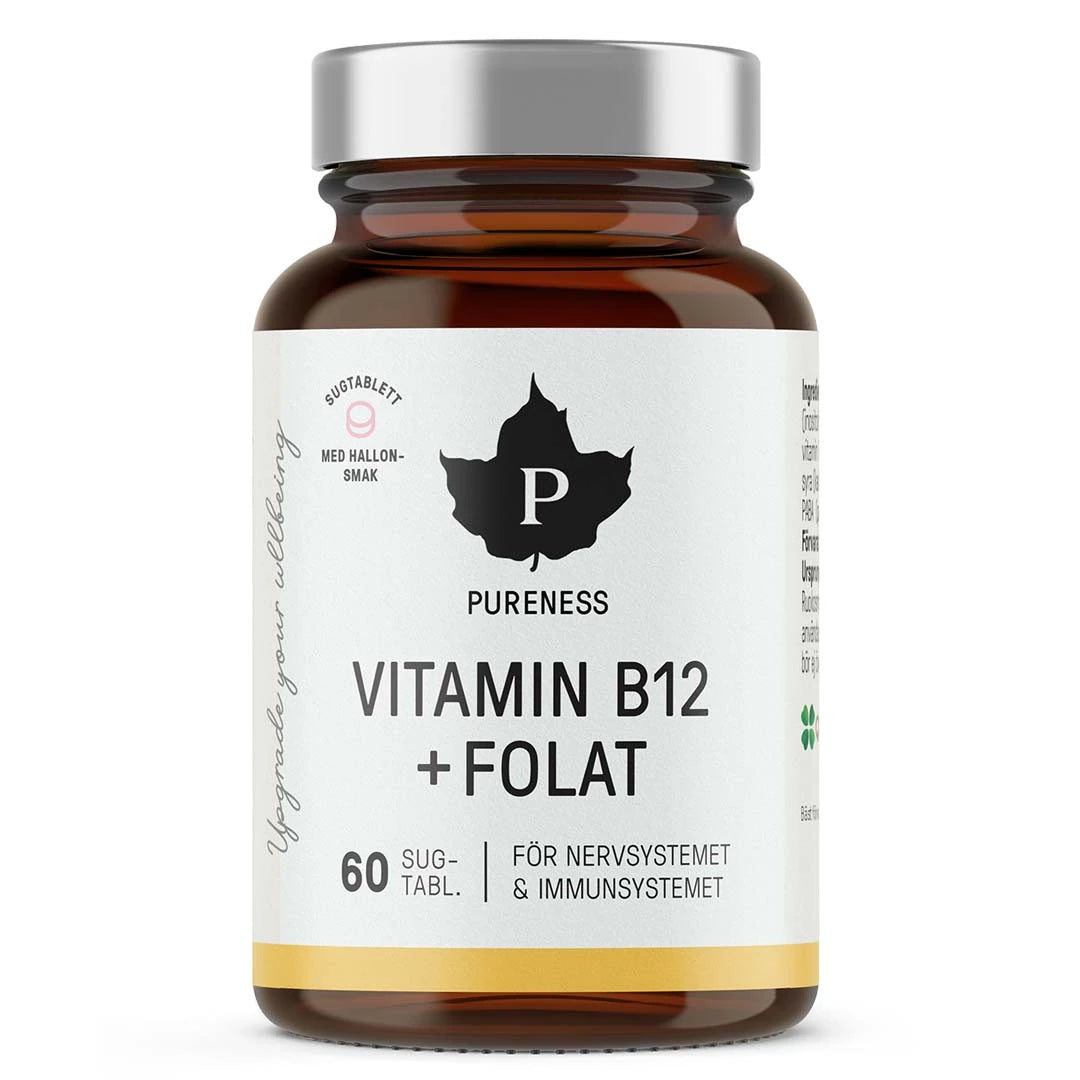 Pureness Vitamin B12 + Folat 60 tabs sugetabletter i en mørkebrun boks med sølvlokk og hvit etikett.