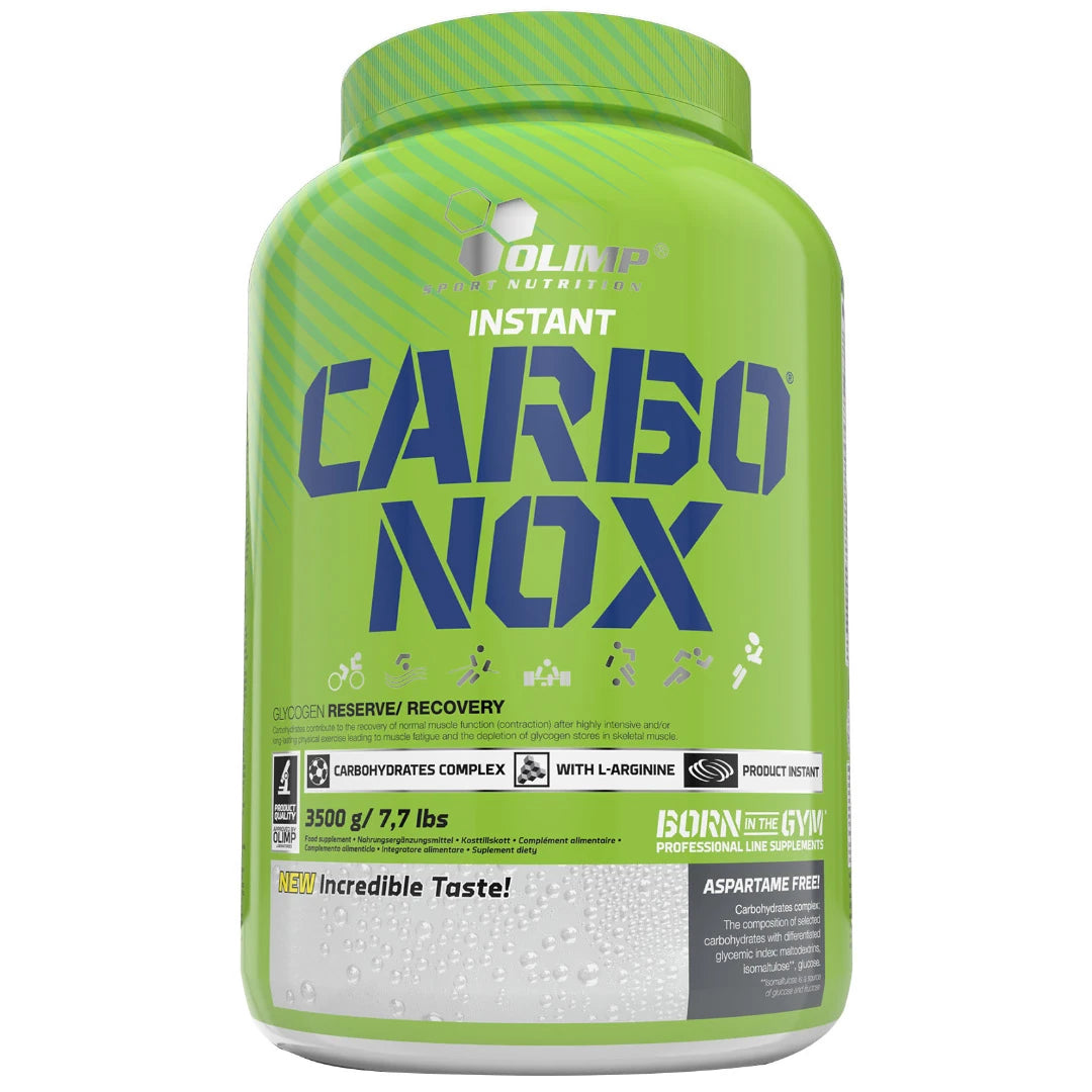 Olimp Carbo NOX 3.5 kg karbohydratpulver i en stor lysegrønn boks med grønt lokk og tydelig blå tekst.