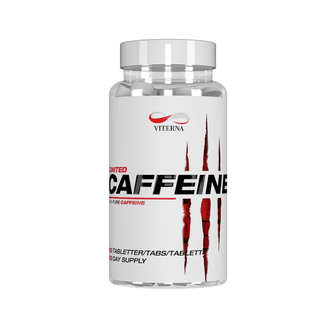 Viterna Ignited Caffeine 100 tabs koffeintabletter i en transparent boks med hvit etikett og røde kloremerker.