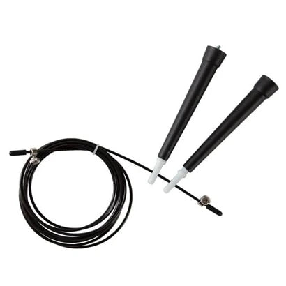 Virtufit Speed Rope, et svart hoppetau med tynn justerbar wire i PVC og svarte håndtak.