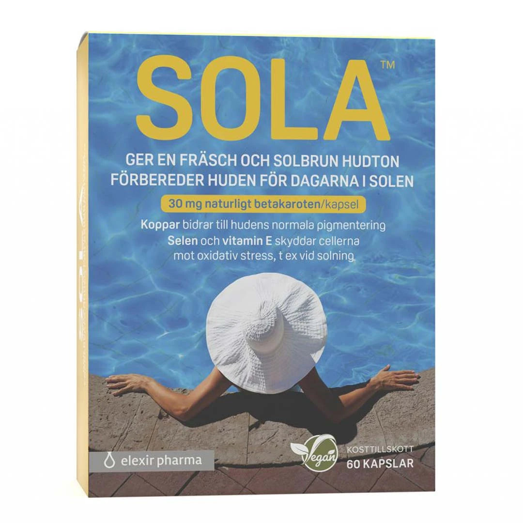 Elexir Pharma SOLA 60 caps kosttilskudd i en eske med sommermotiv og stor gul tekst.