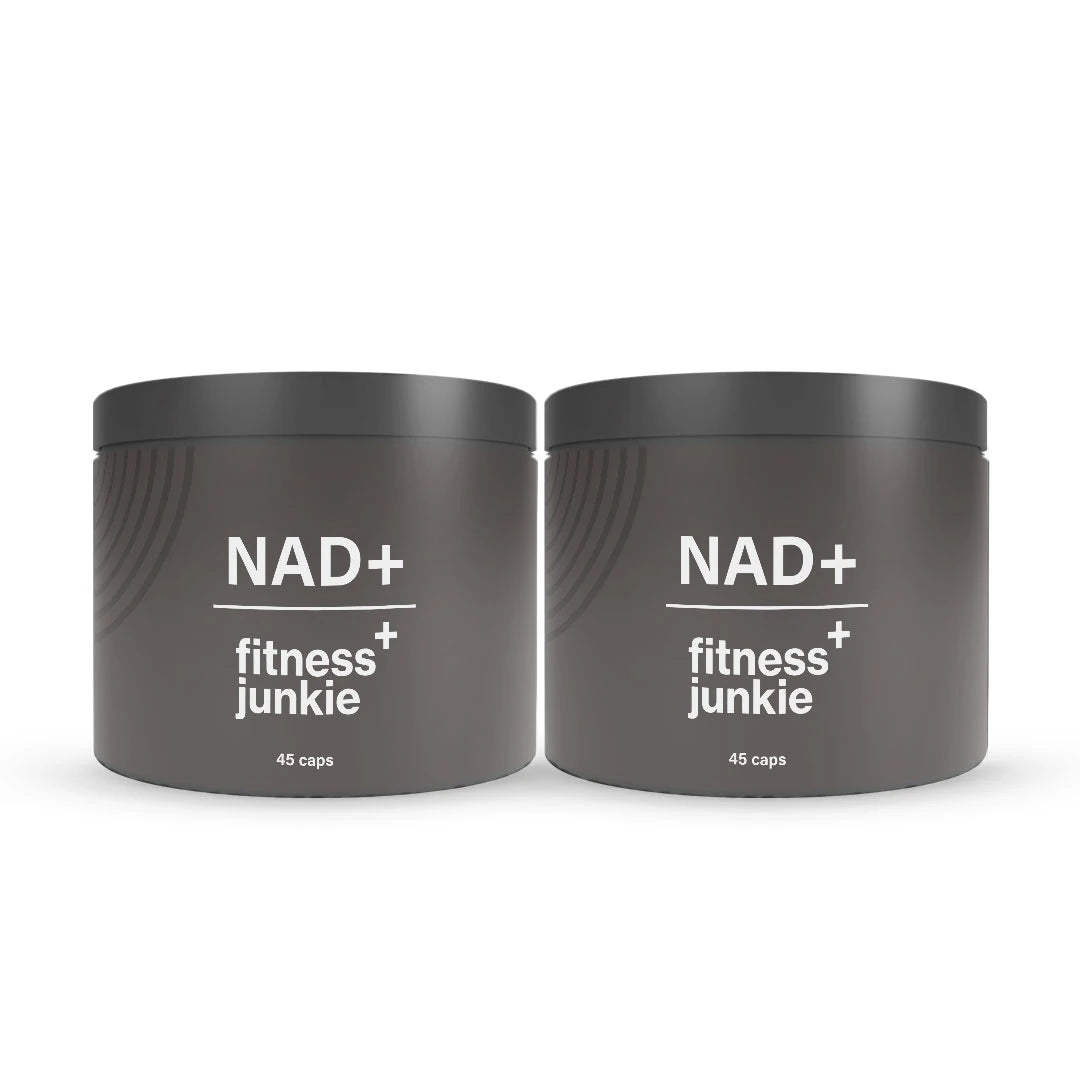 2 x fitnessjunkie NAD+ 45 caps helsekost i to mørkegrå bokser med hvit tekst.