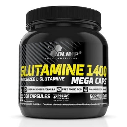 Olimp Glutamine 1400 Mega Caps 300 caps kosttilskudd i en svart boks med gul og hvit tekst.