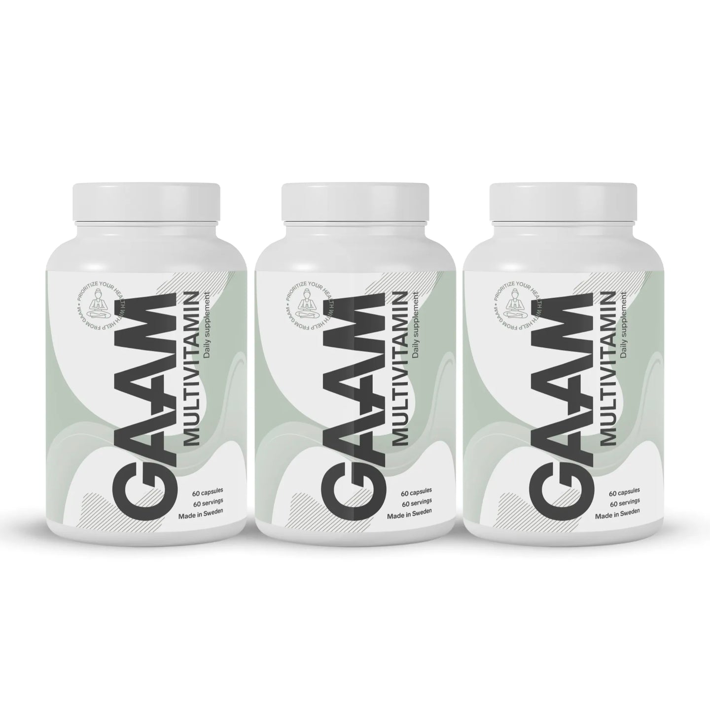 3 x GAAM Multivitamin 60 caps i tre hvite bokser med lysegrønne detaljer og svart tekst på etikettene.