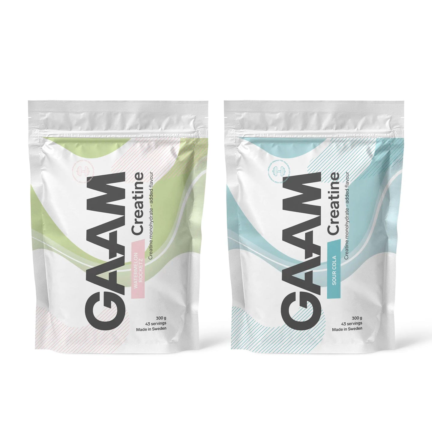 2 x GAAM Creatine 300 g i to hvite poser med pastellfargede detaljer for smakene Watermelon Rocketz og Sour Cola.