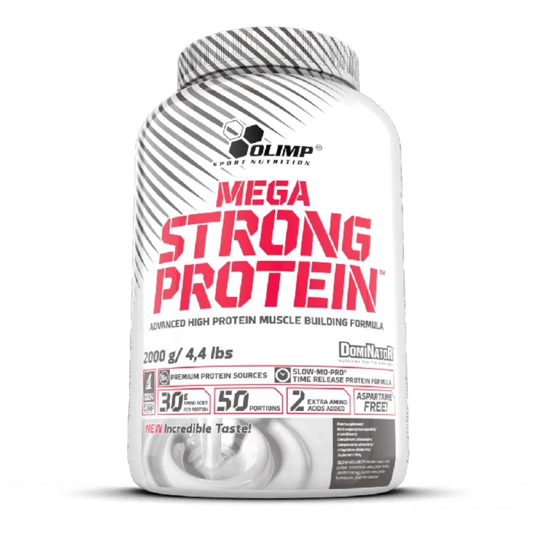 Olimp Dominator Mega Strong Protein 2 kg i en hvit boks med røde og grå detaljer.