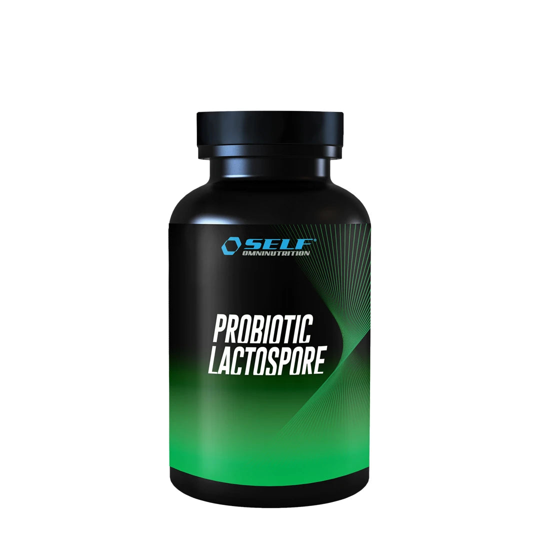 Self Omninutrition Probiotic Lactospore 60 caps i en svart boks med grønn etikett og hvite detaljer.