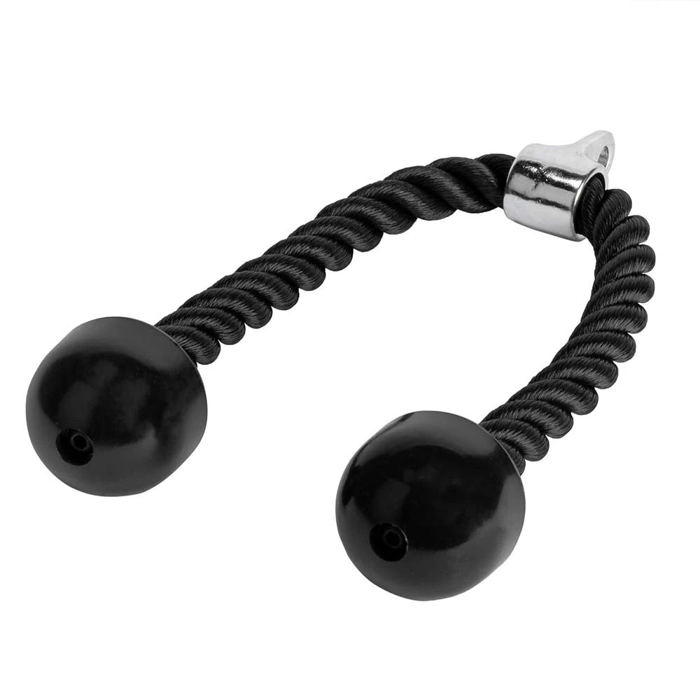 Virtufit Triceps Rope, et svart treningstau i kraftig nylon med gummistopp og metallfeste for trekkmaskiner.