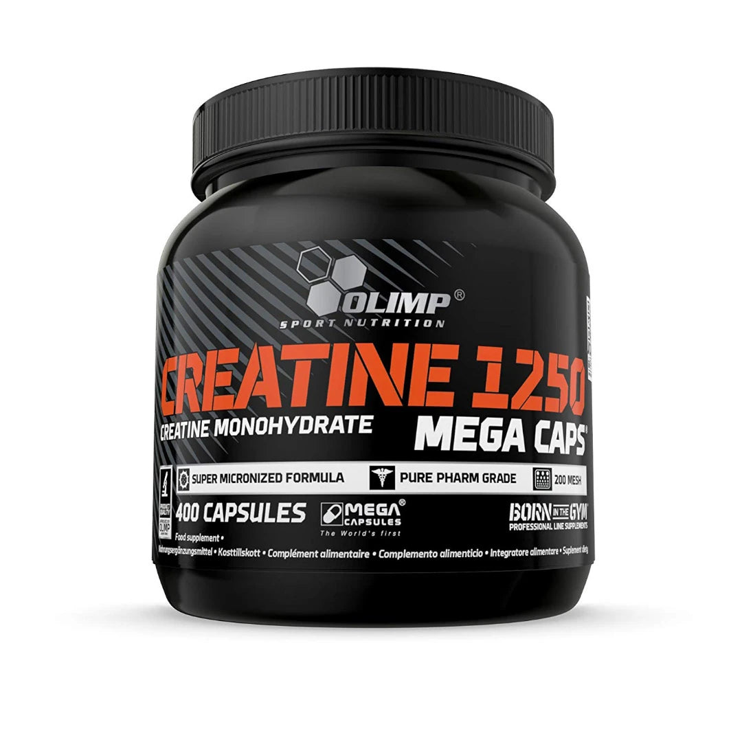 Olimp Creatine Mega caps 400 caps i en svart boks med oransje og hvit tekst for et kraftig kreatintilskudd.