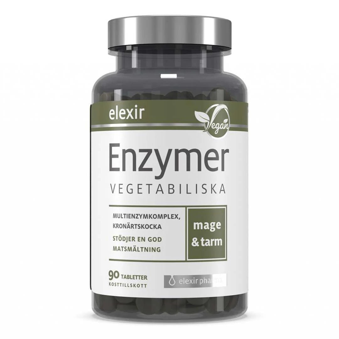 Elexir Pharma Enzymer 90 tabs i en mørk boks med sølvfarget lokk og en hvit og grønn etikett.