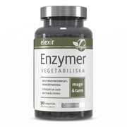 Elexir Pharma Enzymer 90 tabs i en mörk burk med silverfärgat lock och en vit och grön etikett.