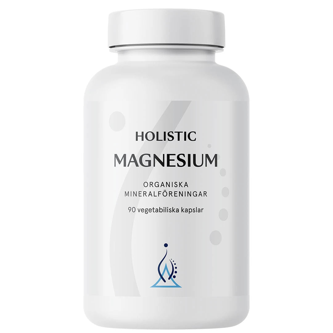 Holistic Magnesium 120 mg 90 caps kosttilskudd i en hvit plastboks med grå og blå detaljer.
